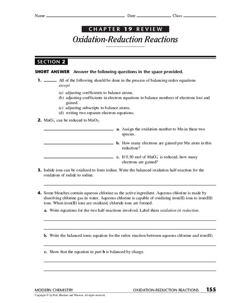 Oxidation-Reduction Reactions Worksheet