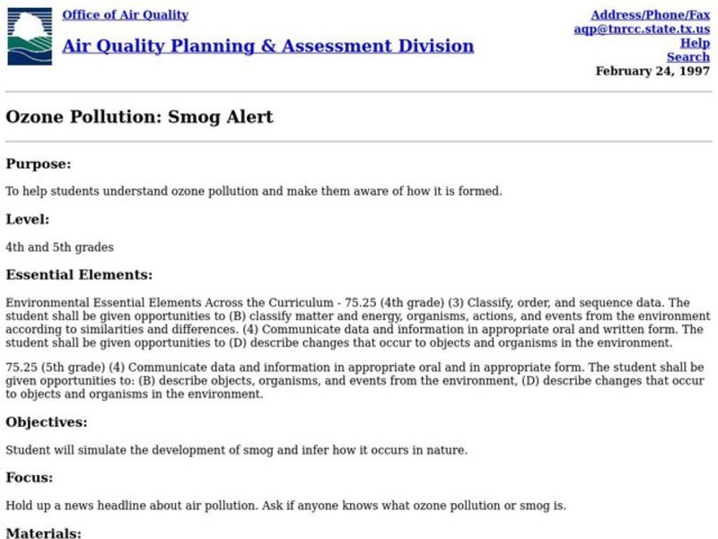 Ozone Pollution: Smog Alert Lesson Plan