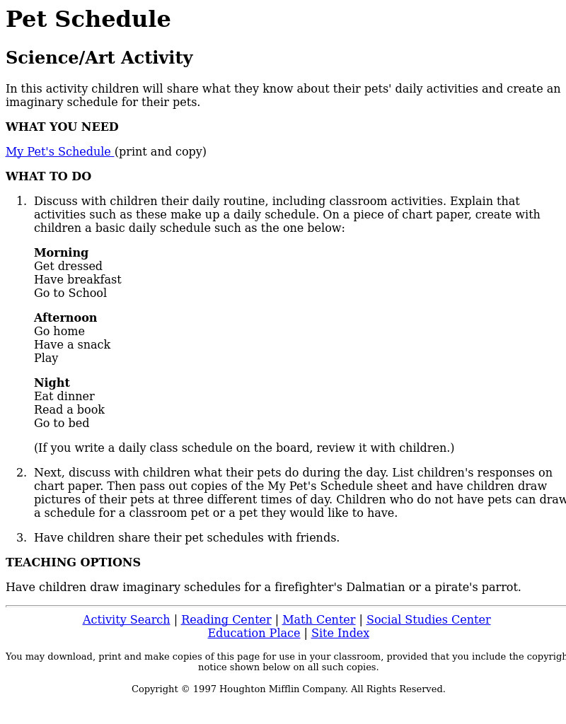 Pet Schedule Lesson Plan