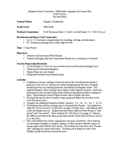 Pablo Picasso Lesson Plan