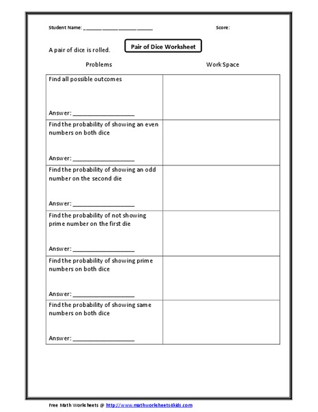 Pair of Dice Activity Worksheet