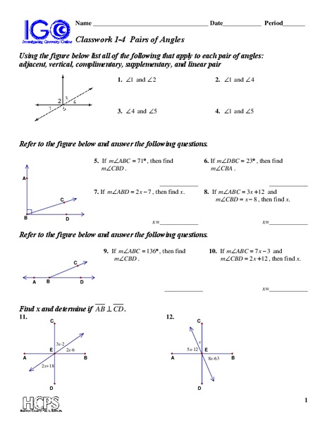Pairs of Angles Worksheet