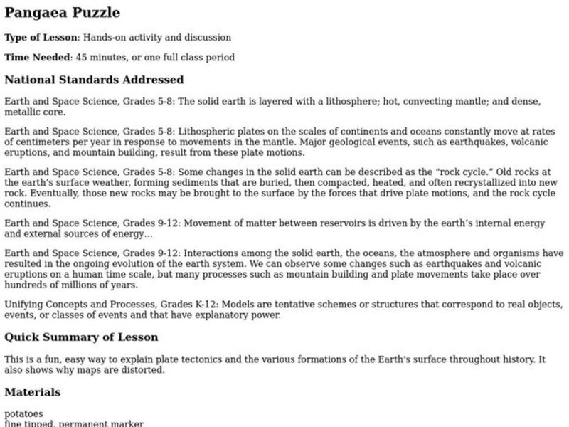 Pangaea Puzzle Lesson Plan