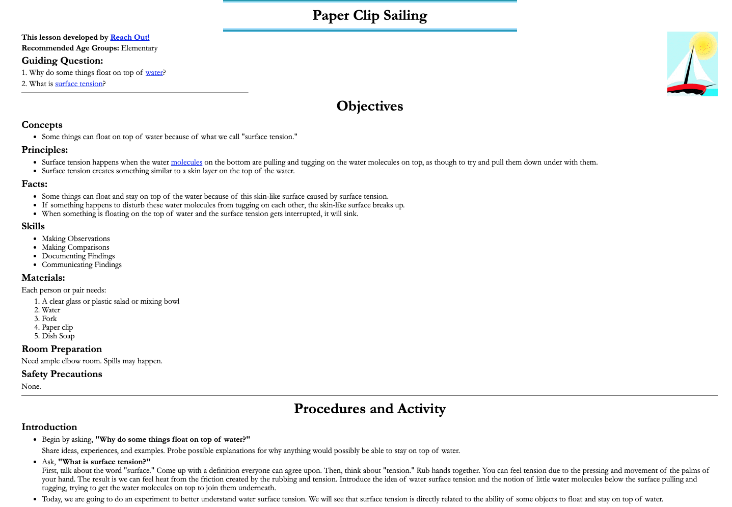 Paper Clip Sailing Lesson Plan