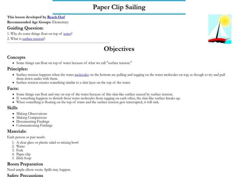 Paper Clip Sailing Lesson Plan