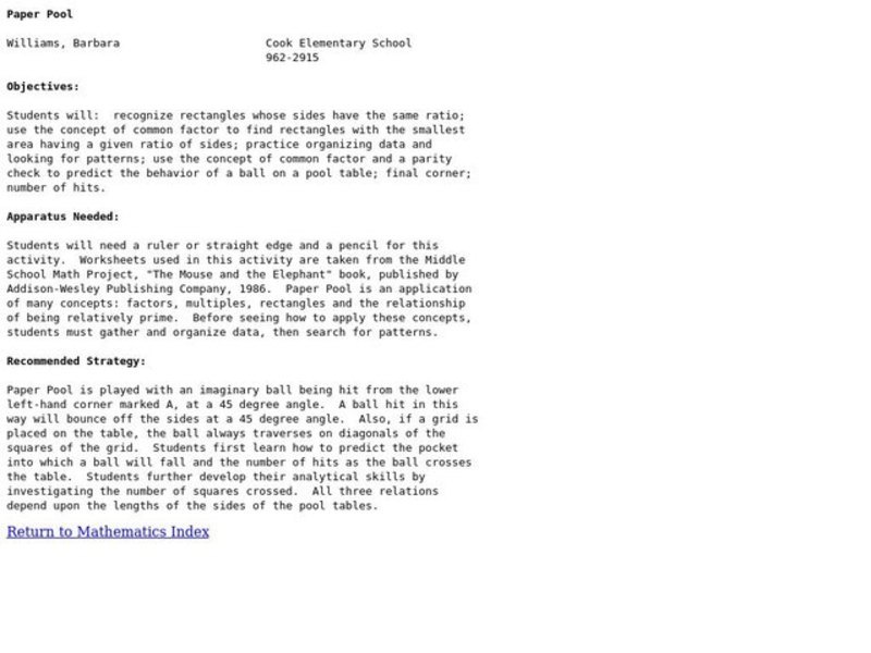 Paper Pool Lesson Plan