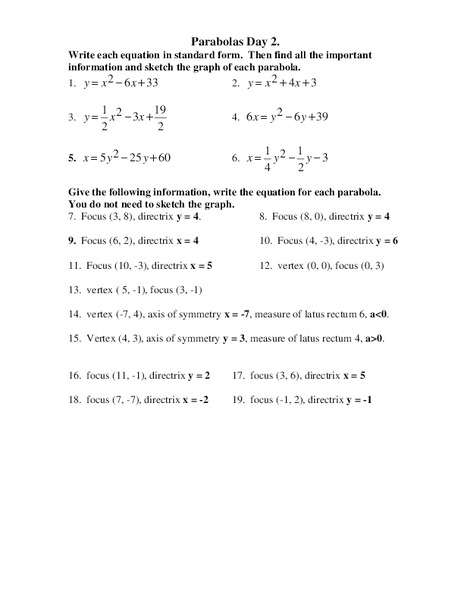 Parabolas Worksheet