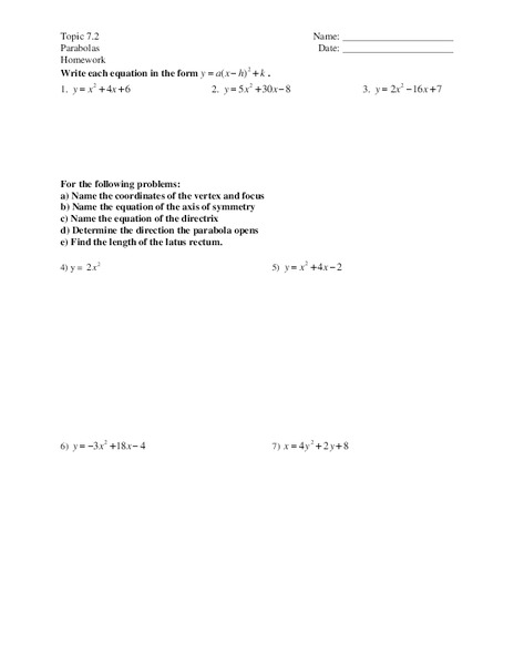 Parabolas Worksheet