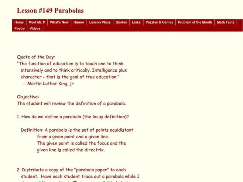 Parabolas Lesson Plan