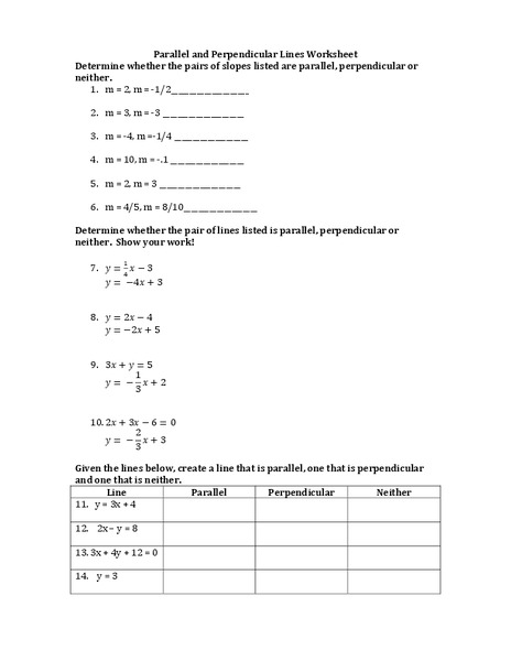 Parallel and Perpendicular Lines Worksheet Worksheet