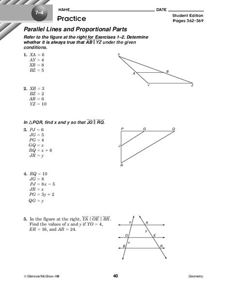 Parallel Lines and Proportional Parts Worksheet