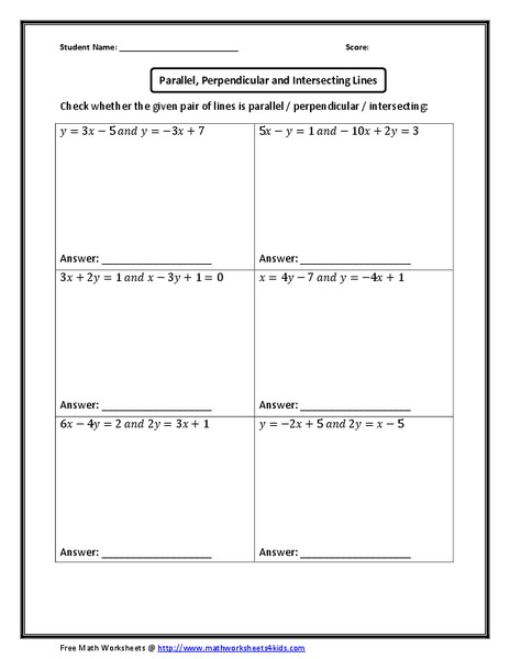 Parallel, Perpendicular and Intersecting Lines Worksheet