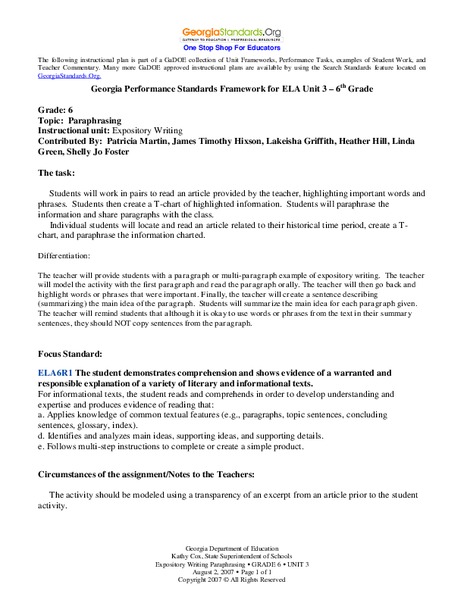 Paraphrasing Lesson Plan