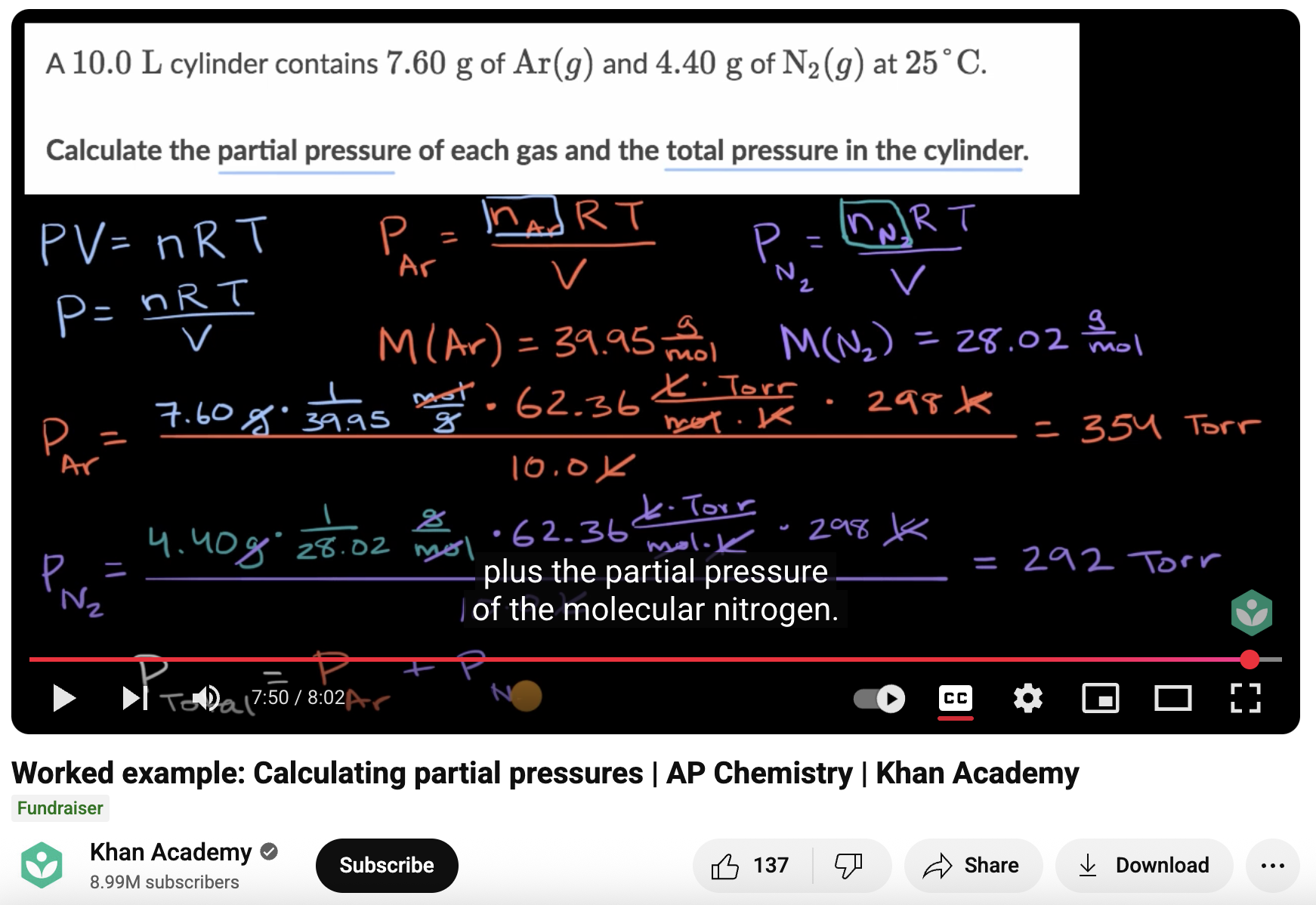 Worked Example: Calculating Partial Pressures, AP Chemistry Instructional Video