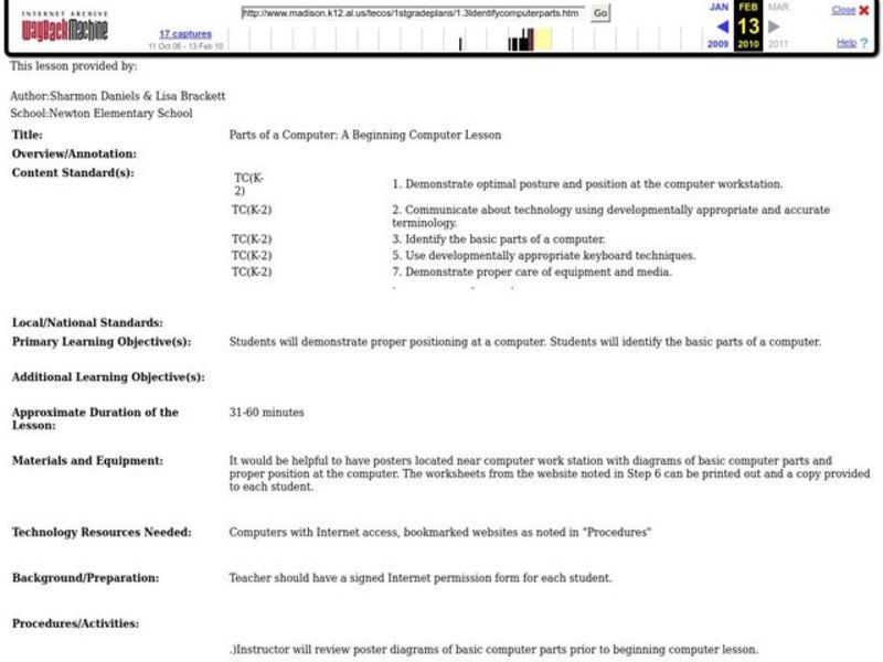 Parts of a Computer: A Beginning Computer Lesson Lesson Plan