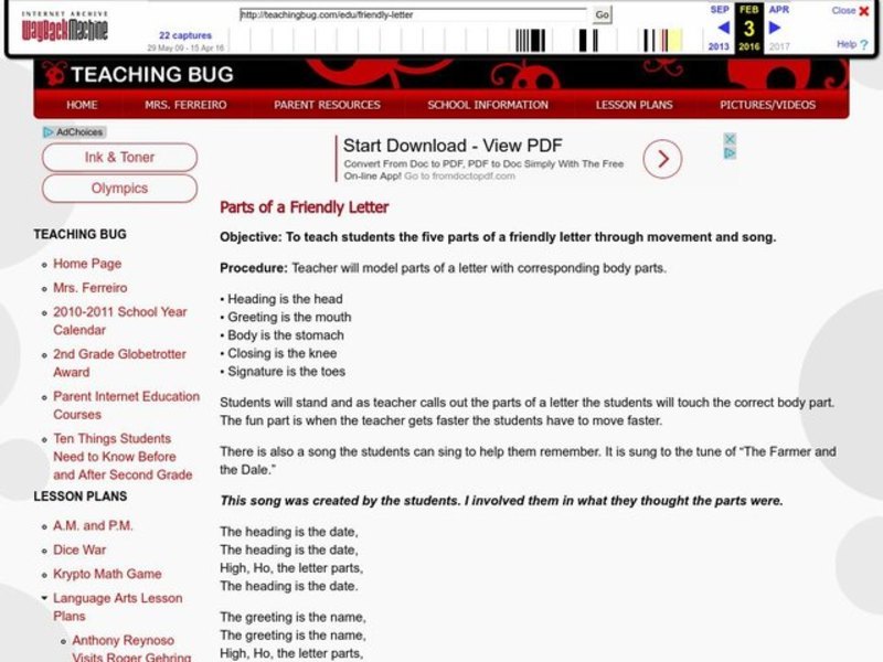 Parts of a Friendly letter Lesson Plan