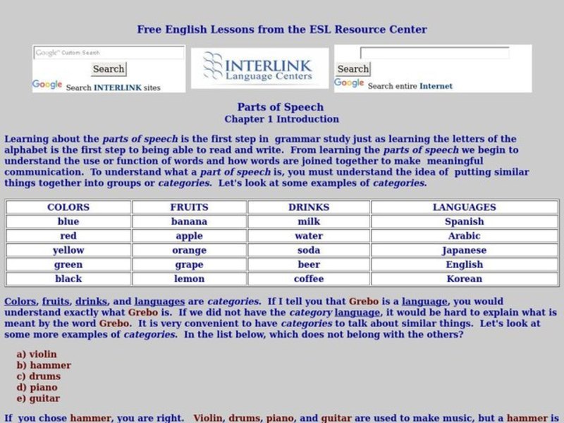 Parts of Speech Worksheet