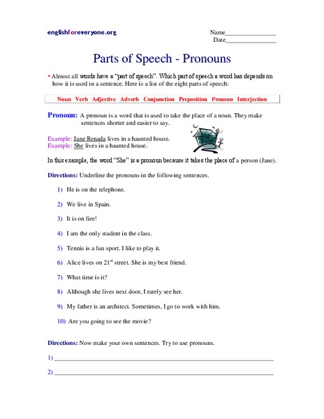 Parts of Speech - Pronouns Worksheet