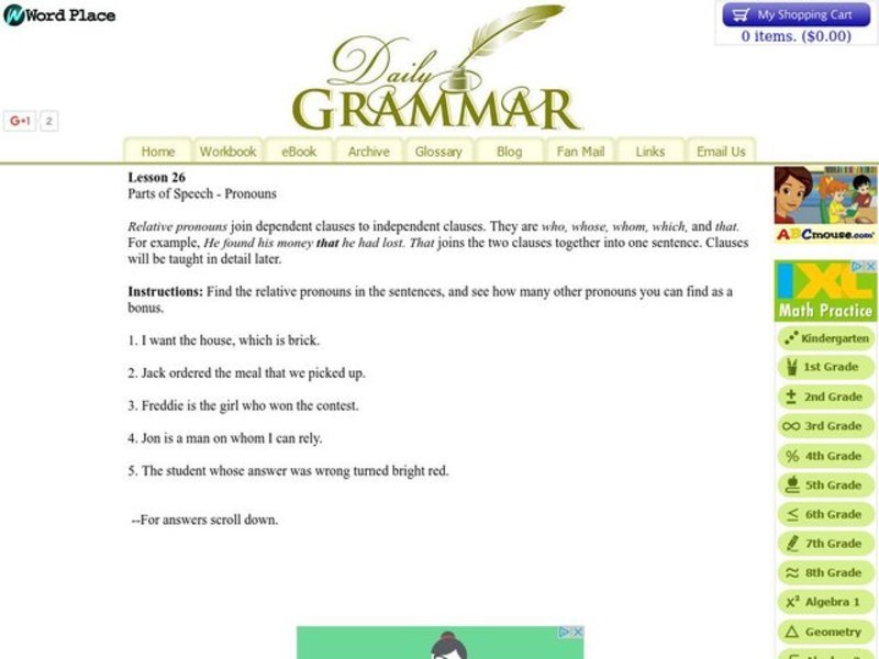 Parts of Speech - pronouns Worksheet