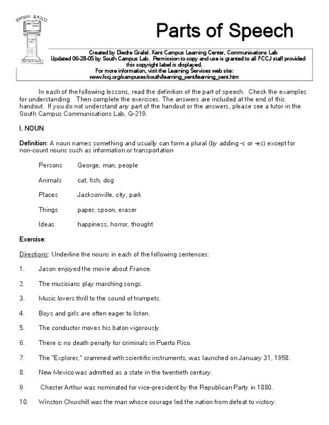 Parts of Speech Worksheet