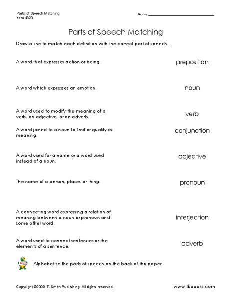 Parts of Speech Matching Worksheet
