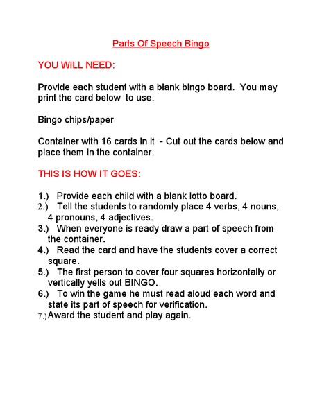 Parts of Speech Bingo Organizer