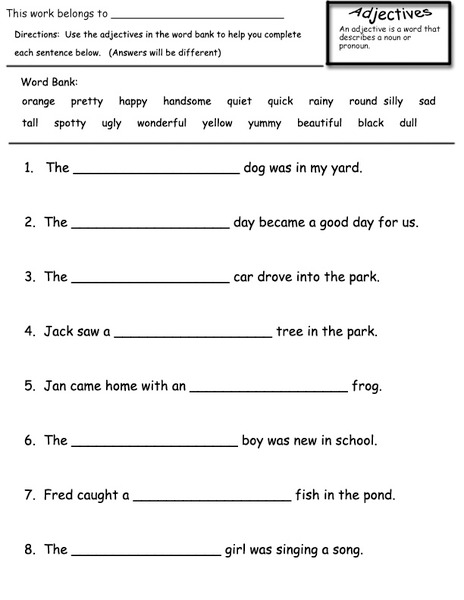 Parts of Speech: Adjectives Worksheet