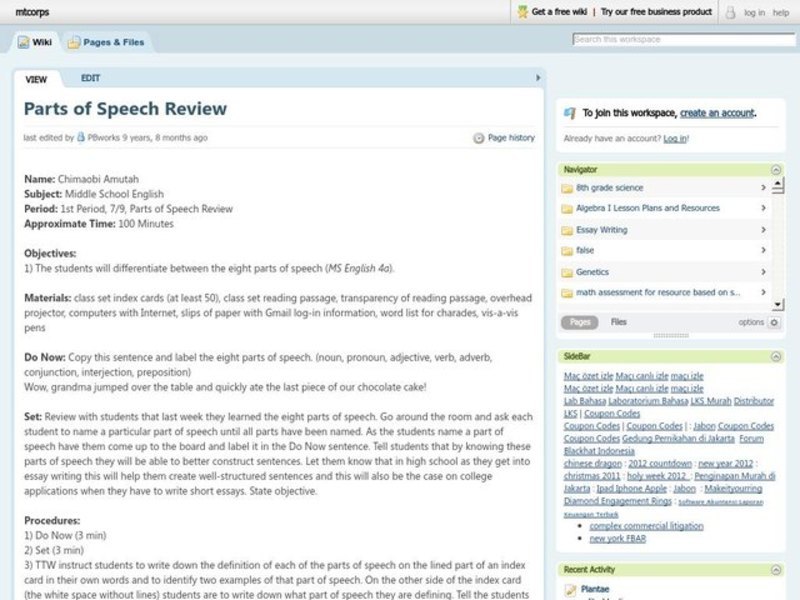 Parts of Speech Review Lesson Plan
