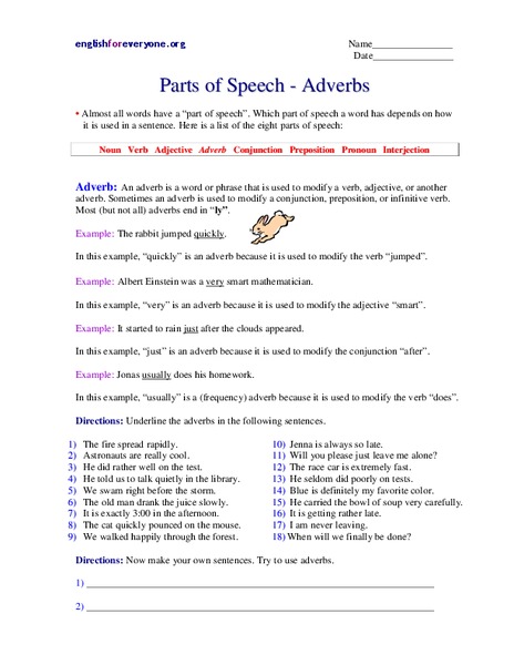Parts of Speech: Adverbs Worksheet