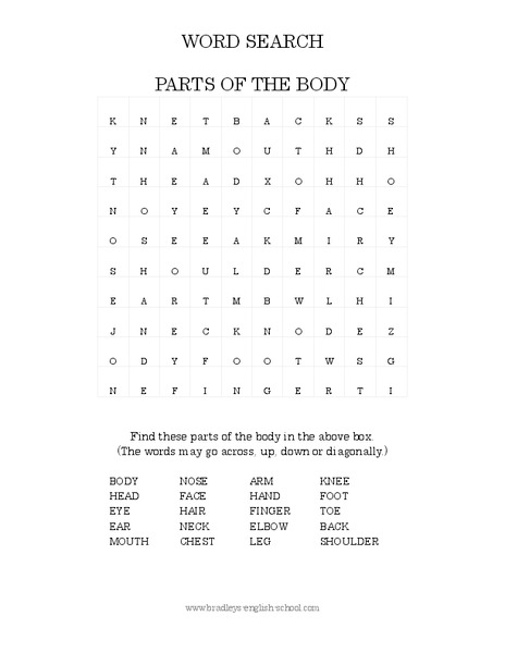 Parts of the Body Word Search Worksheet