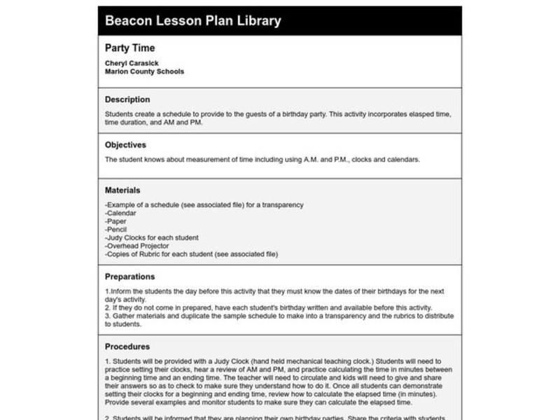 Party Time Lesson Plan