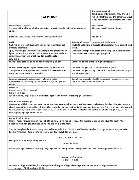 Party Time Lesson Plan