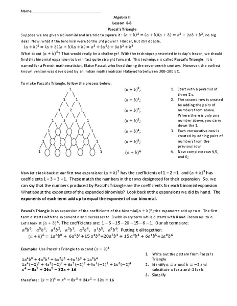 Pascal's Triangle Worksheet