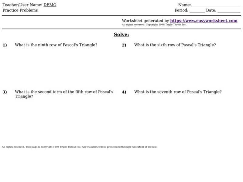 Pascal's Triangle Worksheet