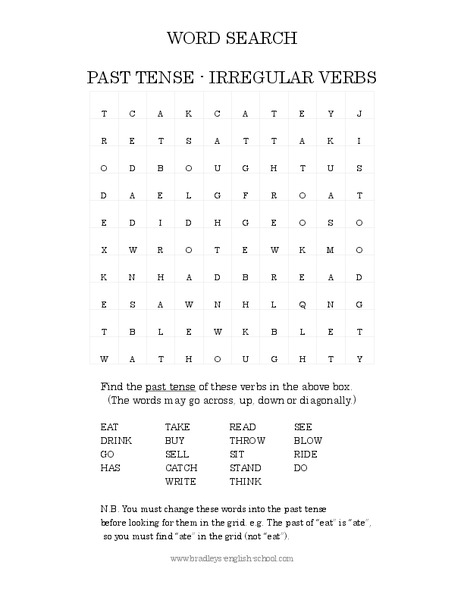Past Tense Irregular Verbs Word Search Worksheet