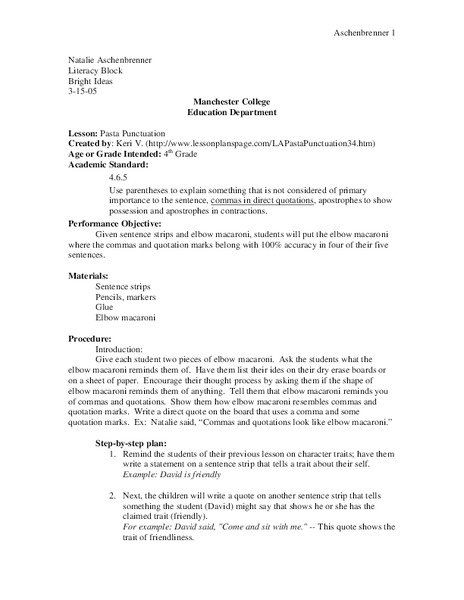 Pasta Punctuation Lesson Plan