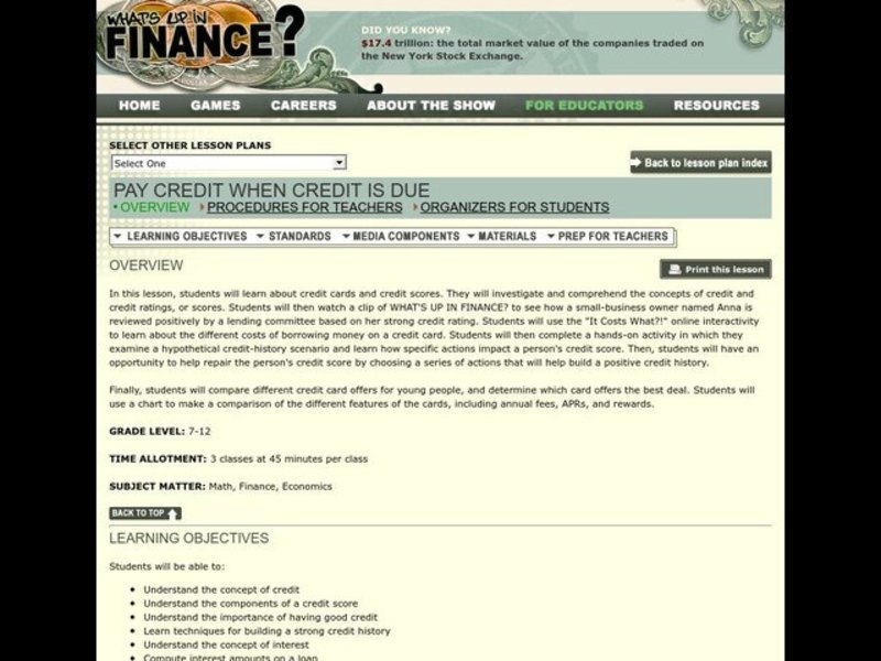 PAY CREDIT WHEN CREDIT IS DUE Lesson Plan