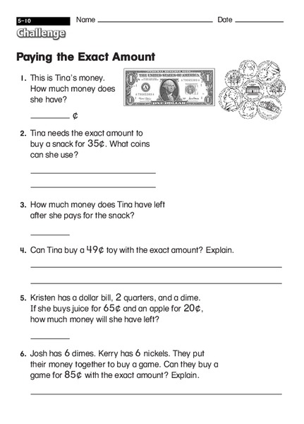 Paying the Exact Amount Worksheet