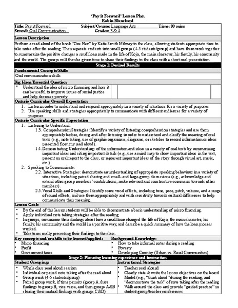 Pay it Forward Lesson Plan