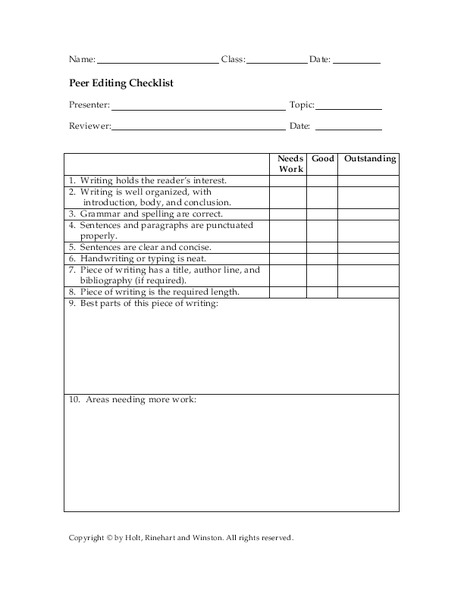 Peer Editing Checklist  Organizer