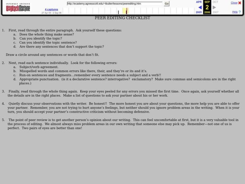 Peer Editing Checklist Worksheet
