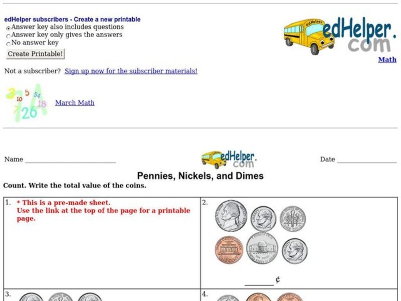Pennies, Nickels, and Dimes Worksheet