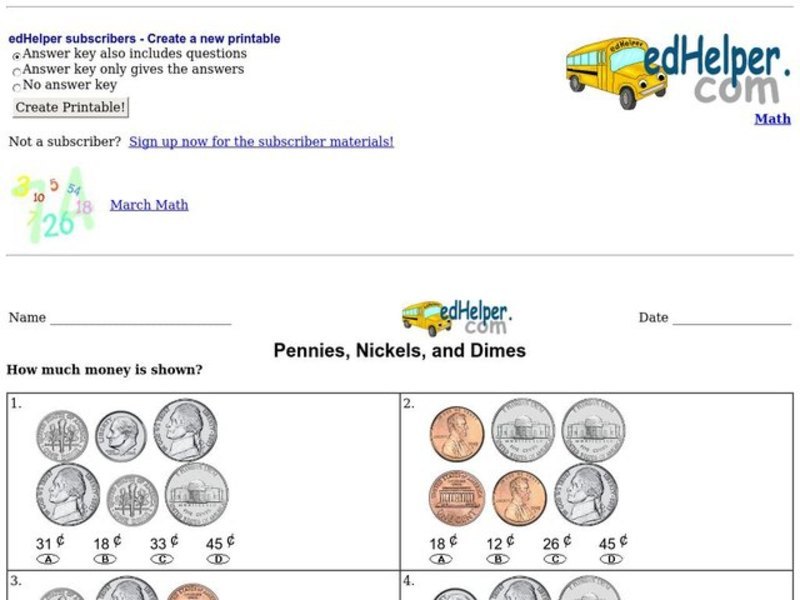 Pennies, Nickels, and Dimes Worksheet
