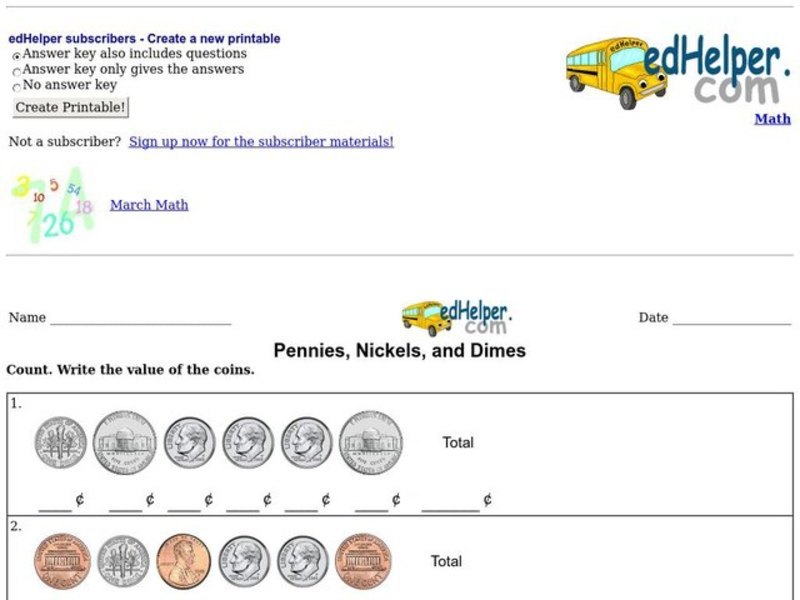Pennies, Nickels, and Dimes Worksheet