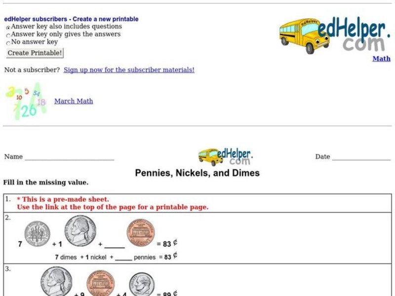 Pennies, Nickels, and Dimes Worksheet