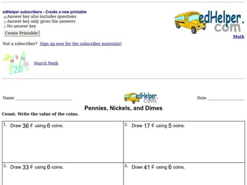 Pennies, Nickels, and Dimes Worksheet