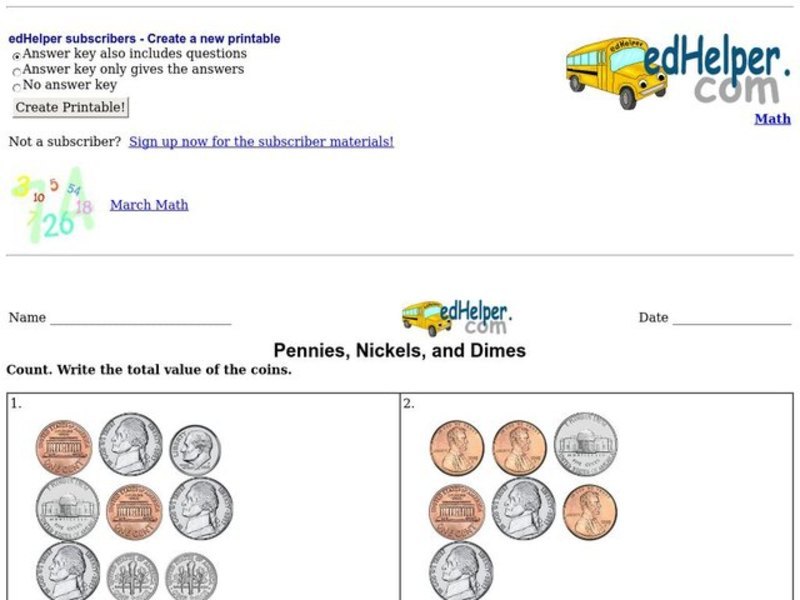 Pennies, Nickels, and Dimes Worksheet