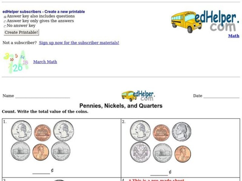 Pennies, Nickels, and Quarters Worksheet