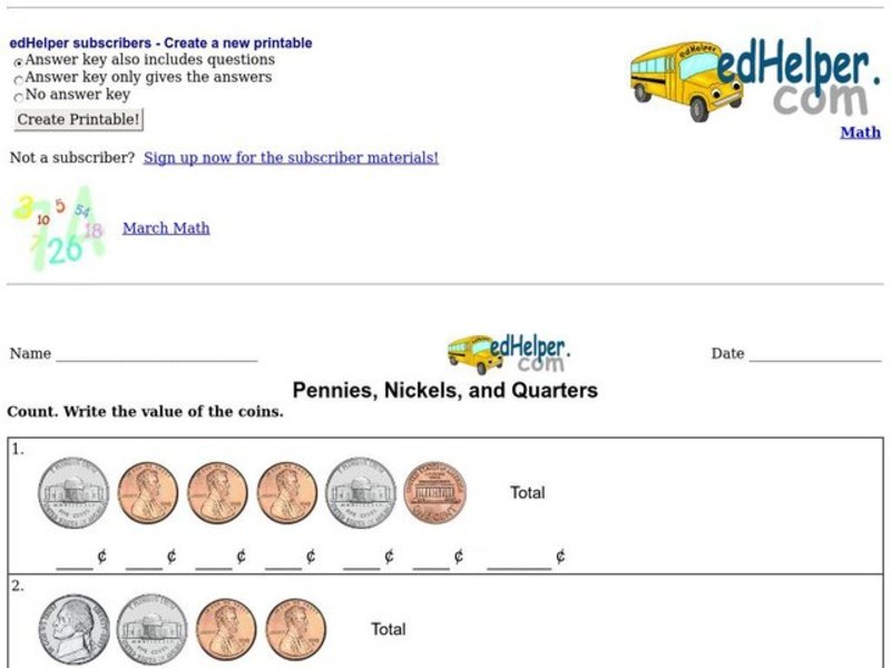 Pennies, Nickels, and Quarters Worksheet