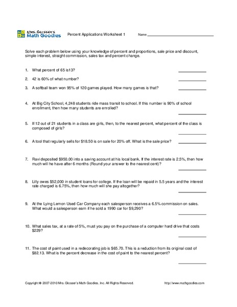 Percent Applications Worksheet